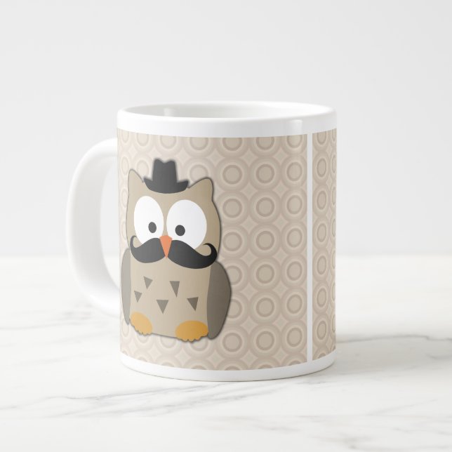 Caneca De Café Grande Coruja com bigode e chapéu (Frente Esquerda)