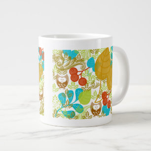 Caneca De Café Grande Corujas Retro Saem Fruta em Turquesa Verde Castanh