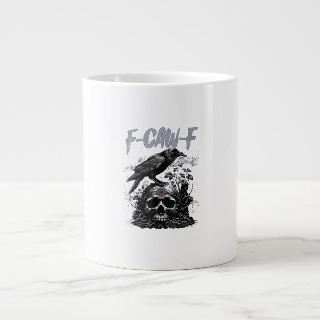Caneca De Café Grande Corvo F-Caw-F Engraçado Halloween Retrô Clássico (Frente)