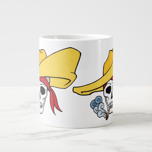 Caneca De Café Grande Crânio de Fumar Halloween com Cartoon Bandana (Frente)