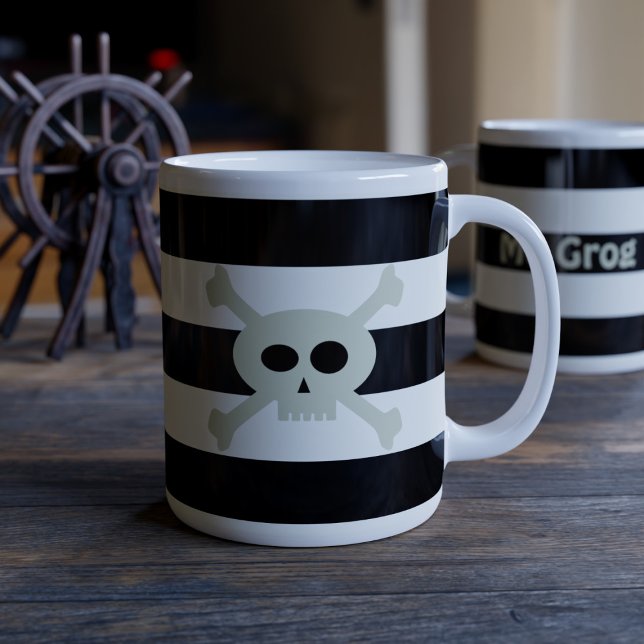 Caneca De Café Grande Crânio e Crossbones Piratas Black Stripes Engraçad (Let's set sail to caffeinated bliss!)