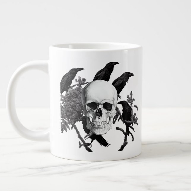 Caneca De Café Grande Crânio E Crows Halloween Jumbo Mug (Esquerda)