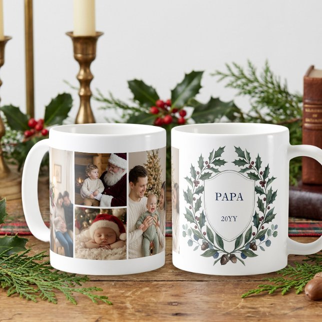Caneca De Café Grande Crest de Holly Multi-Foto Milenar (Winter Crest Photo Mug - Old Money Heritage Christmas collection by Darling & May)