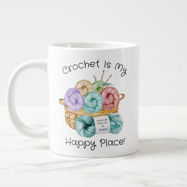 Caneca De Café Grande Crochet É Meu Lugar Feliz Personalizado (Esquerda)