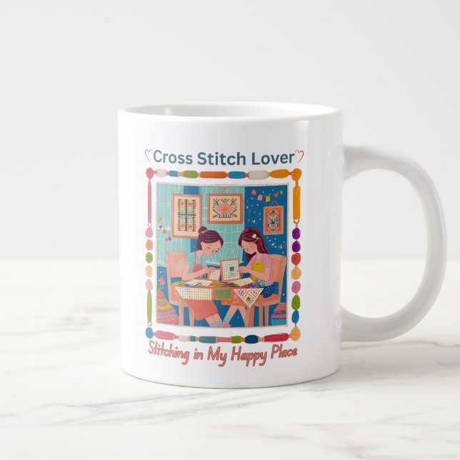 Caneca De Café Grande Cross Stitch Lover-Stitching in My Happy Place (Direita)