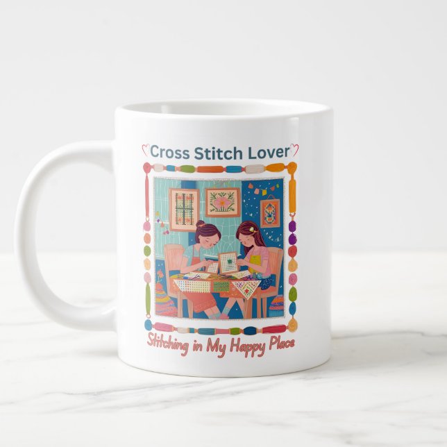Caneca De Café Grande Cross Stitch Lover-Stitching in My Happy Place (Esquerda)