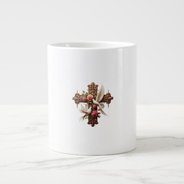 Caneca De Café Grande Cross with Doves – Christian Faith Inspirational D (Frente)