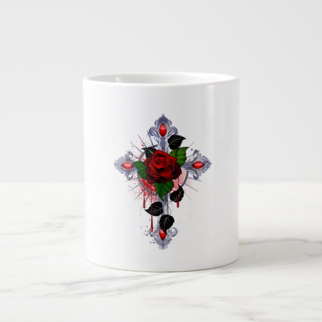 Caneca De Café Grande Cruz de Prata com Rosa vermelha (Frente)