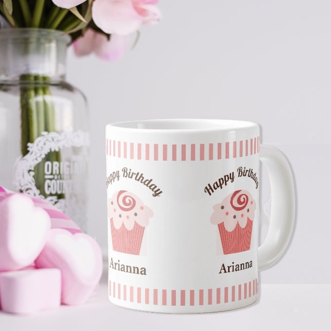 Caneca De Café Grande Cupcake de Aniversário com Faixa Rosa (Criador carregado)