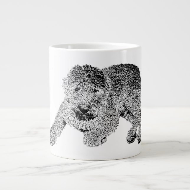 Caneca De Café Grande Curly Dog Portrait Mug – Lying Pose in Black & Whi (Frente)