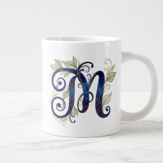 Caneca De Café Grande Cursive M – Elegant Blue & Gold Monogram