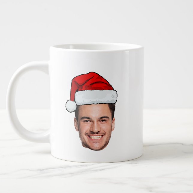 Caneca De Café Grande Custom Face Photo Santa Hat Christmas (Esquerda)