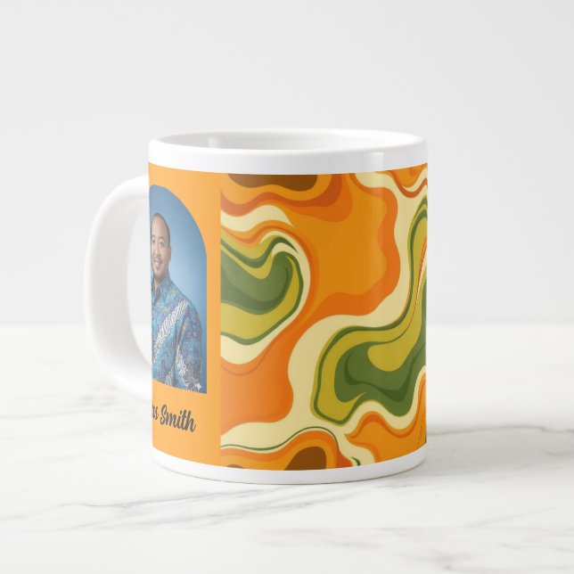 Caneca De Café Grande Custom Retro Groovy Swirl Abstract Orange Green (Frente Esquerda)