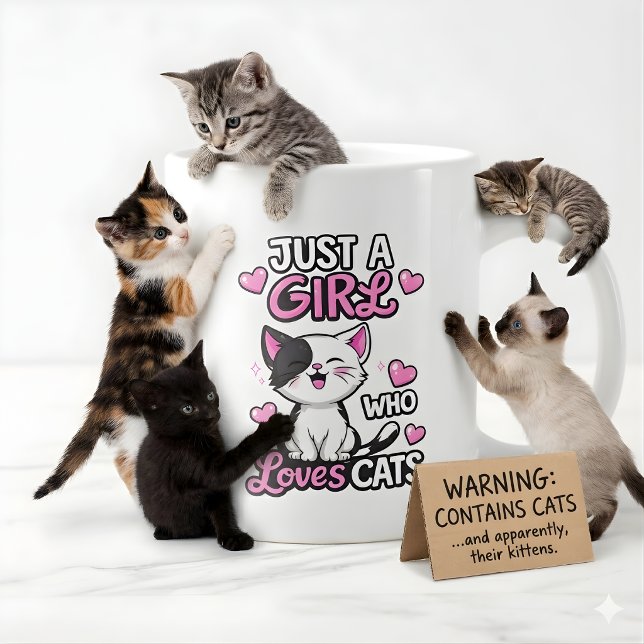 Caneca De Café Grande  Cute Black & White Kitten & Pink Hearts  (Criador carregado)