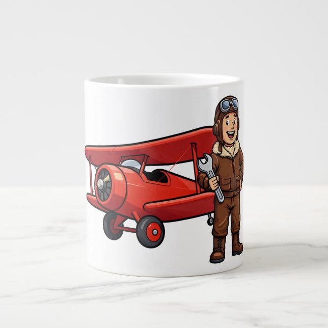 Caneca De Café Grande Cute Cartoon Mechanic with Red Car Illustration (Frente)