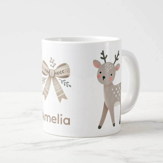 Caneca De Café Grande Cute Reindeer & Bow Drawing Christmas Name (Frente Esquerda)