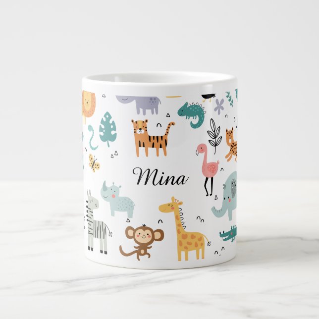 Caneca De Café Grande Cute Safari Jungle Animals Personalized Baby Name (Frente)