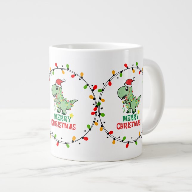 Caneca De Café Grande Cute Santa Dino Merry Christmas  (Frente Esquerda)