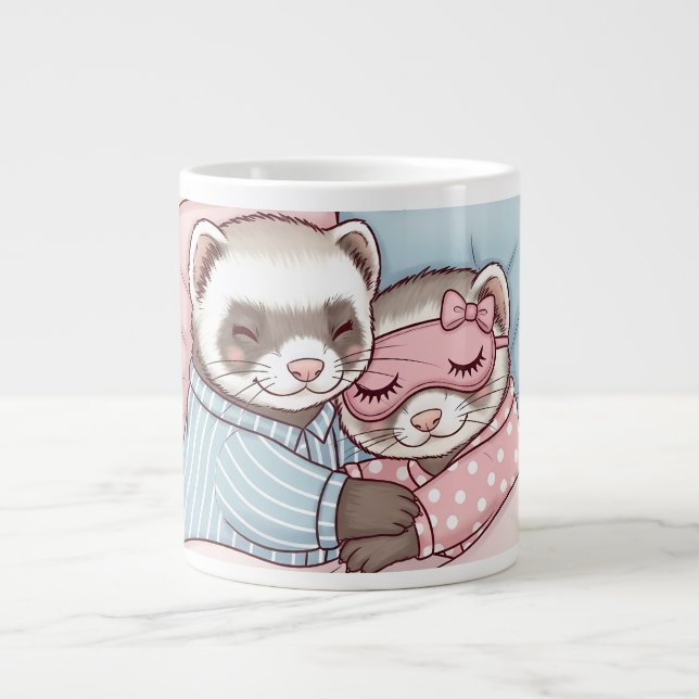 Caneca De Café Grande Cute Sleeping Ferret Couple in Pajamas Love Mug (Frente)
