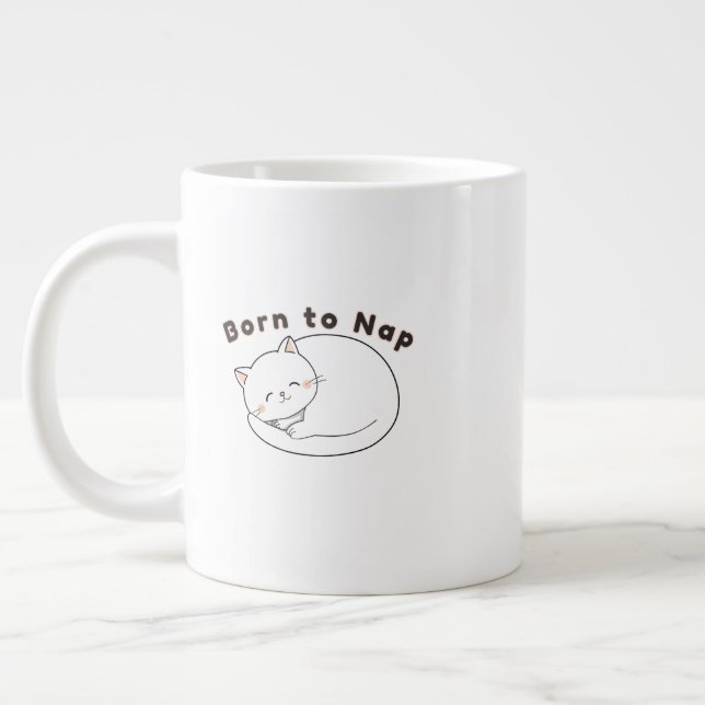 Caneca De Café Grande Cute Sleepy Cat “Nap First” Line Art Design (Esquerda)