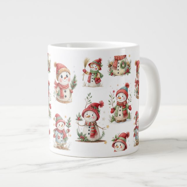 Caneca De Café Grande Cute snowmen with Santa hats and holly (Frente Esquerda)