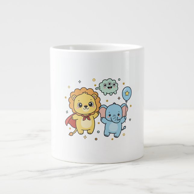 Caneca De Café Grande Cute Superhero Lion and Elephant Friends Cartoon (Frente)