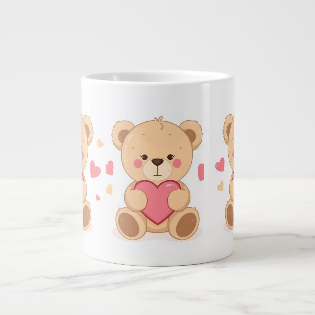 Caneca De Café Grande Cute Teddy Bear Holding Heart – Valentine Love Ill (Frente)