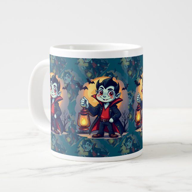 Caneca De Café Grande Cute Vampire with Lantern Kawaii Halloween (Frente Esquerda)