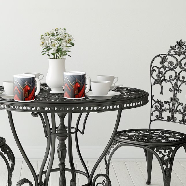 Caneca De Café Grande Deco de Arte Elegante Dourado Vermelho Preto (Criador carregado)