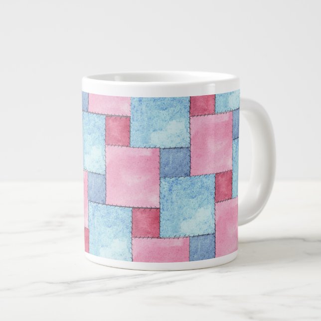 Caneca De Café Grande Denim Patchwork Jumbo Mug, Pinks, Blues (Frente Esquerda)