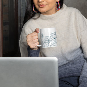 Caneca De Café Grande Desenhar de Linha Flor e Folhas Poppy (Verde da Me