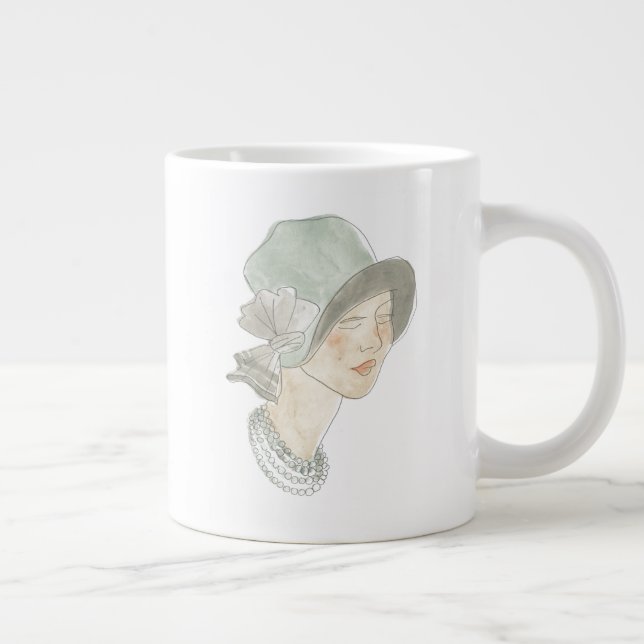 Caneca De Café Grande Desenho da Moda Flapper - Mulher com chapéu (Direita)