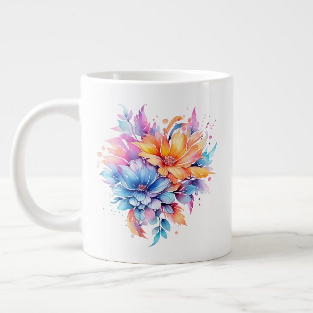 Caneca De Café Grande Desenho de Flores Florais em Aquarela-24683 (Esquerda)