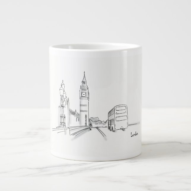 Caneca De Café Grande Desenho de Londres Simples Preto e Branco (Frente)