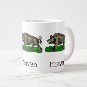 Caneca De Café Grande Desenho em Preto e Branco de Javali Antigo #3C