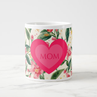 Caneca De Café Grande Dia das Mães,Padrão de Coração e Flores Cor-de-Ros