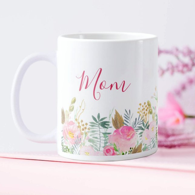Caneca De Café Grande Dia de as mães Floral Rosa (Pink Floral Coffee Mug for Mom)