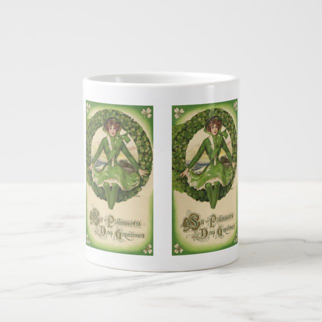 Caneca De Café Grande Dia de São Patrício Vintage, Coroa com Garota Irla (Frente)