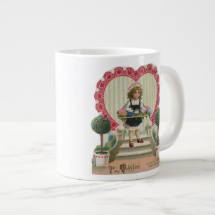 Caneca De Café Grande Dia dos Namorados Fofo Vintage, Menina com Flores