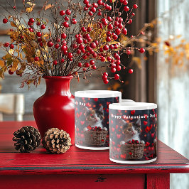 Caneca De Café Grande Dia dos Namorados Gatinho Calico Corações Vermelho