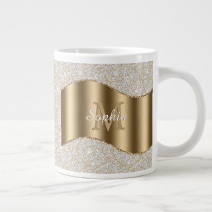 Caneca De Café Grande Diamantes, Grande Monograma Dourado Nome em Escrit