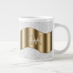 Caneca De Café Grande Diamantes, Grande Monograma Dourado Nome em Letra
