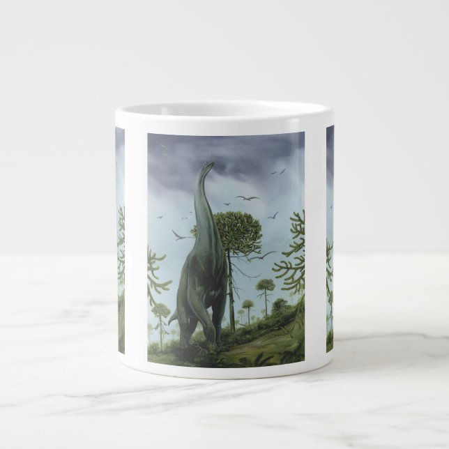 Caneca De Café Grande Dinossauros Antigos, Sauroposeidon com Pássaros Vo (Frente)