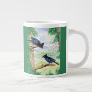 Caneca De Café Grande Dois Pássaros Azuis Estelares Árvores da Floresta