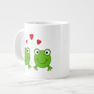 Caneca De Café Grande Dois sapos verdes com corações vermelhos.