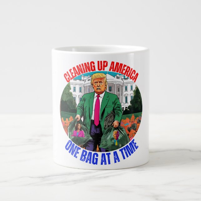 CANECA DE CAFÉ GRANDE DONALD TRUMP LIMPAR A AMÉRICA UM SACO POR VEZ (Frente)