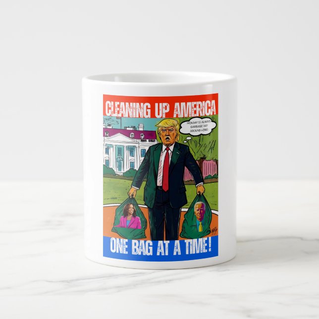 CANECA DE CAFÉ GRANDE DONALD TRUMP - LIMPAR A AMÉRICA, UM SACO POR VEZ (Frente)