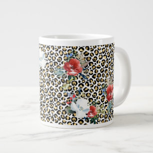 Caneca De Café Grande Dourado Leopardo Impresso Vermelho Floral Branco