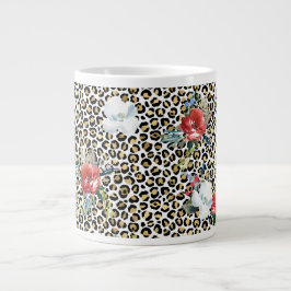 Caneca De Café Grande Dourado Leopardo Impresso Vermelho Floral Branco