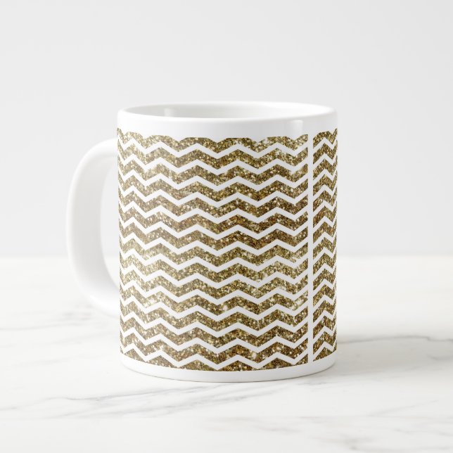 Caneca De Café Grande Efeito Luminoso Dourado Chevron Zig-Zag Elegante (Frente Esquerda)